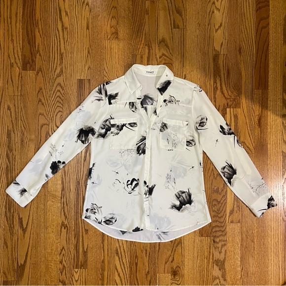 Express Sheer Ivory Floral Button Down Blouse - Picture 2 of 7